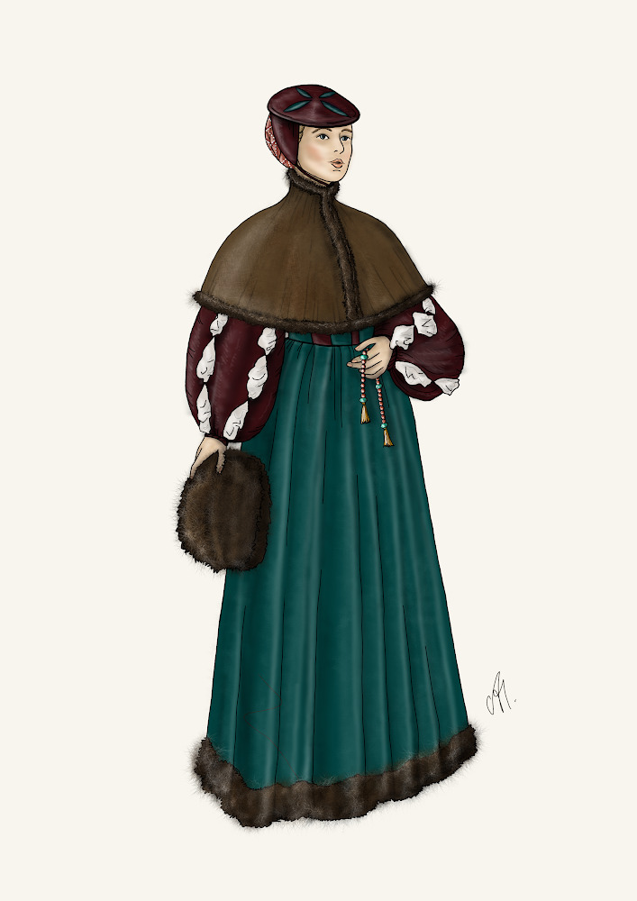 Takto by bola Hedviga oblečená v čase únosu v realite (vytvorila Mgr. Alexandra heldesová - blackbird Atelier)